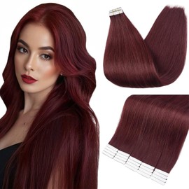 Full Shine Red Wine Tape in Hair Extensions Human Hair 20pcs Seamless Remy Tape in Extensions Double Sided Natural Human Hair Burgundy Tape Hair Extensions Color 99J Hair Extensions Tape in 12Inch 30G