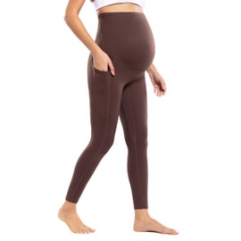 POSHDIVAH Women's Maternity Workout Leggings with Pockets Over The Belly Pregnancy Soft Athletic Work Yoga Pants Taupe Medium