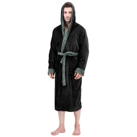 NY Threads Mens Hooded Fleece Bathrobe Plush Long Spa Robe Pack of 1, Small/Medium, Black and Steel Grey