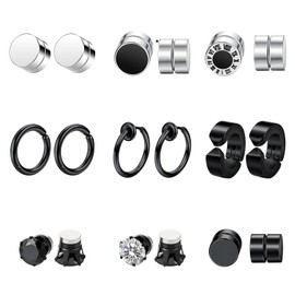OIDEA 9 Pairs Magnetic Earrings for Men: Silver Black Clip On Earrings Studs Flat Back Non Pierced Earrings Fake Earrings Set Cubic Zirconia Earrings Jewelry for Mens Womens