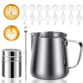Jarra para Espumar Leche de Acero Inoxidable, AEGTVA Jarra Leche con Marca de Medición 600ml/20oz, Barista Pen y 16 Plantillas de Decoración y Especiero Malla Fina de Café