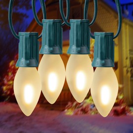 C7 LED Frosted White Lights 25Ft Outdoor Ceramic String Lights with 27 Frosted White LED Bulbs, Vintage Christmas Lights for Christmas Carnival Patio Wedding Holiday Decoration, Green