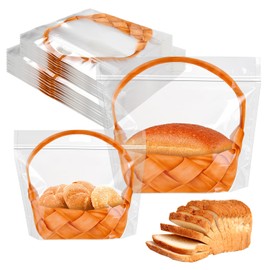 Akamino 110PCS Clear Plastic Bread Bags with Handle, Zippered Food Bag for Homemade Bread,Freezer Bread Storage Packaging Bags with Basket Pattern for Cookie Toast Loaf Bakery Cafe (50Large,60Small)