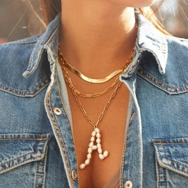 Initial S Pearls Necklace for Women Large Big Letter Necklace - Paperclip Chain Alphabet Pendant Necklace Jewelry Gift