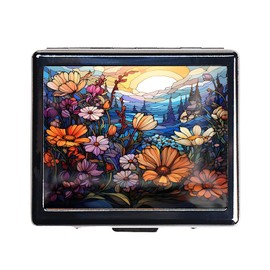 HowGuu 7 Days Chromed Shiny Silver Pill Organizer with Mirror Inside Has 8 Separate Compartments Rectangle 7 Days Pill Box Pill Case (Autumn Flower)