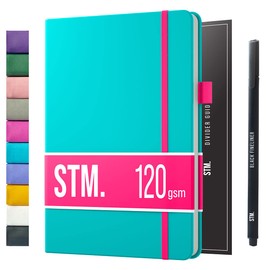 B5 Bullet Dotted Journal Notebook by STM | Thick Bleedproof 120gsm Paper, 215 Pages | Lay Flat Vegan Leather Hardcover | 2 Bookmarks, Printed Page numbers | Black Pen | 7 x 10 in | Aqua
