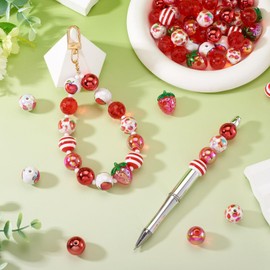 Beadthoven 60Pcs Cute Acrylic Strawberry Beads, 16mm Chunky Bubblegum Beads Apple Strawberry Printed Round Ball Bead Spacers for Jewelry Making Bracelets Pens Keychains DIY Crafts Supplies