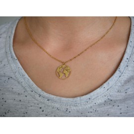 Nuoli® World Ball Chain 45 cm World Map Necklace for Men and Women Available from Silver, Gold and Rose Gold, Stainless Steel, Gold