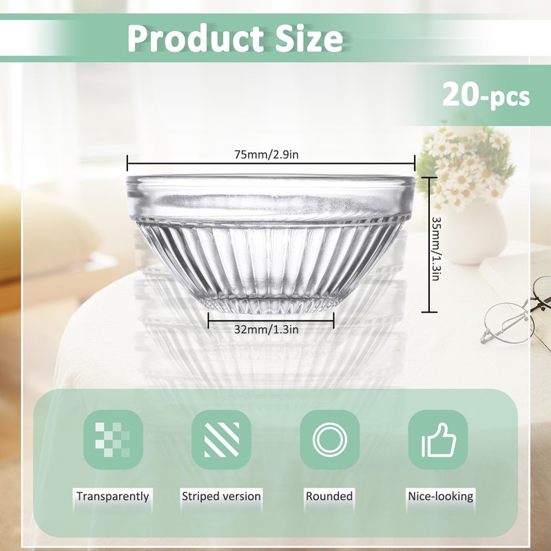 20 Pack 2.8 In Small Glass Bowls Clear, 2.5 Oz