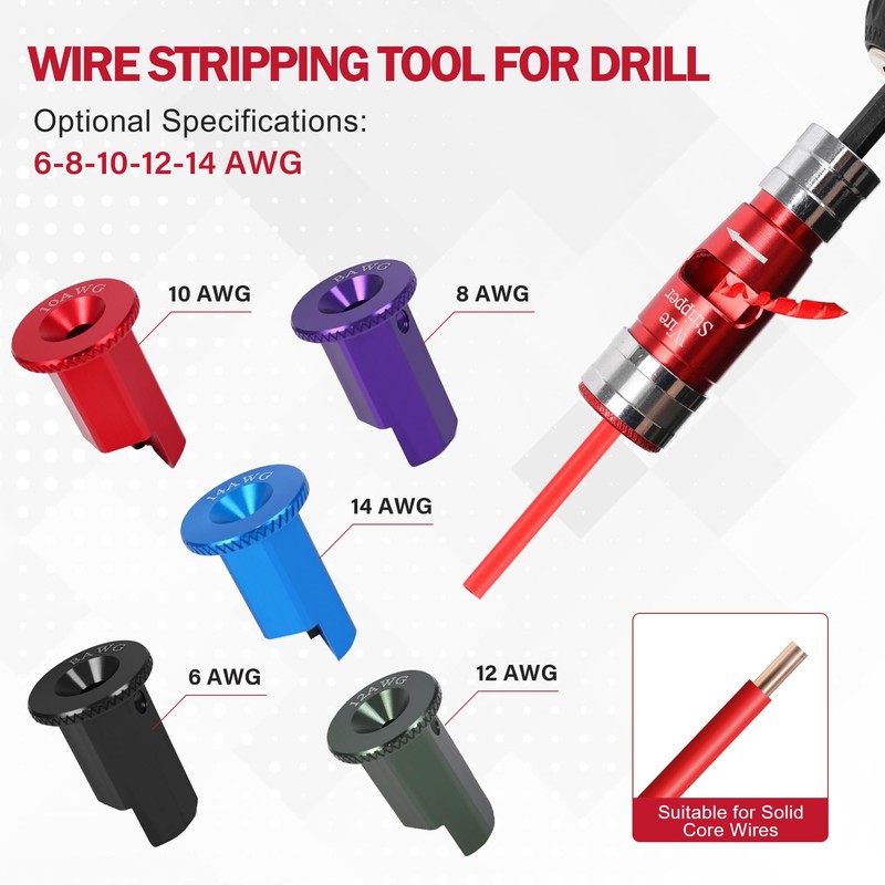 MAZING 6pc Wire Stripper for Drill 8-17AWG, 8-in-1 Quick Stripping