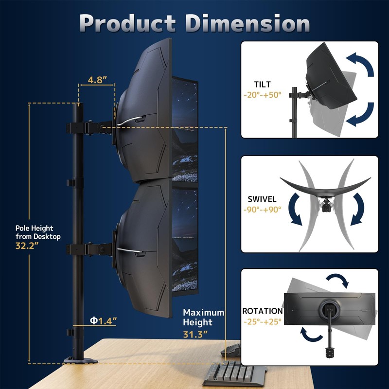 Heavy Duty Dual Monitor-Arm for 17-49'' - Double Vertically Stacked