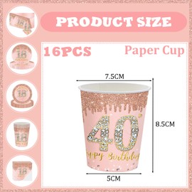 YAAVAAW Happy 40th Birthday Paper Cups Rose Gold,16Pcs Womens Birthday Party Cups Tableware,40th Birthday Decorations Cups for Womens,Lady,Her 40th Birthday Party Supplies Table Decorations