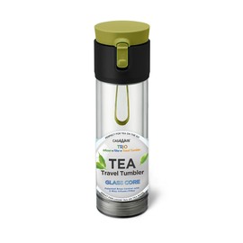 CasaWare Trio Tea Clear Travel Tumbler, 12-Ounce, Double Wall, Tritan Impact Resistant Exterior, Heat Resistant Borosilicate Glass Core, Leak Proof (Clear Green)