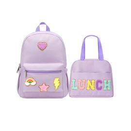 Bulyoou Preppy School Backpack Set for Girls Backpack and Lunch Bag with Chenille Patches Preppy Bookbag Lunch Bag for Back to School Gift(Purple)