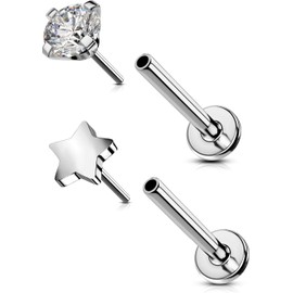 OUFER Helix Piercings Nose Piercing Titanium Flat Back Conch Rings Tragus Threadless Push-in Lip Piercing Labret Studs Earring Cartilage Lip Bar Star CZ Medusa Monroe Jewellery 16G 20G 18G, Titanium