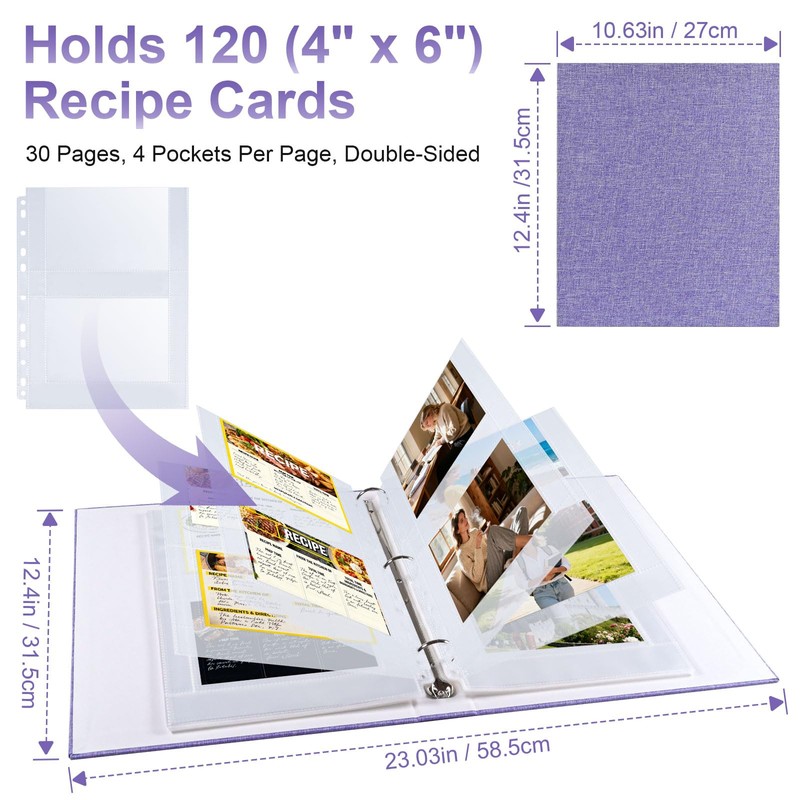 30 Pack 120 Pockets 4x6 Recipe Card Sleeves,3 Ring Binder
