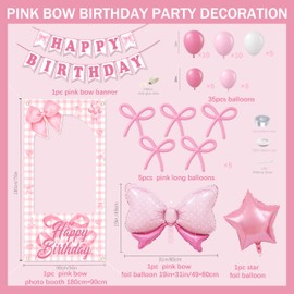 Pink Photo Booth Props for Girls,Pink Bow Birthday Party Decorations,White Balloons, Glitter Banner,Lightpink Themed Party Supplies