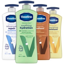 Vaseline Intensive Care Body Lotion for Women & Men - Ultra-Hydrating Lotion Set for Dry Skin, Soothing Hydration/Advanced Repair/Cocoa Radiant/Essential Healing, 20.3 Fl Oz Ea (4 Piece Set)