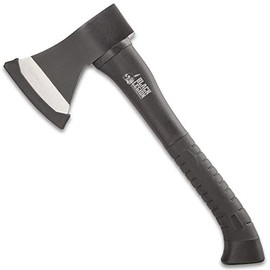 Black Legion Camping Hatchet - 14” Length | Rubberized Ridged Slip-Free Grip | Non-Reflective Carbon Steel Ax Head | 4” Blade Head and Blunt Hammer Head Side | Easily Splits Kindling