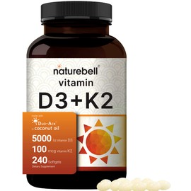 NatureBell Vitamin D3 5,000 IU + K2 100 mcg, 240 Softgels | Daily 2-in-1 Formula with Virgin Coconut Oil | Bone, Heart & Immune Support | MK-7 Form | Non-GMO, Gluten-Free