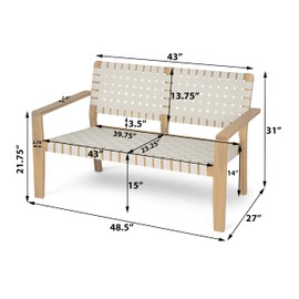 Merax Patio Furniture Acacia Wood Bench, Woven Rope Outdoor Loveseat Sofa, 2-Person Deep Seating Porch Bench for Garden, Backyard Park Balcony, Light Teak Finish & White