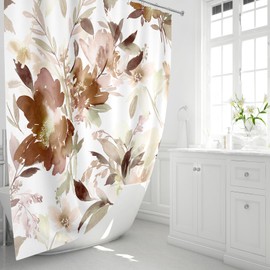 MAYZUS Brown Floral Shower Curtain, Watercolor Flower Shower Curtain for Bathroom, Modern Abstract Ink Decorative Fabric Shower Curtain Set with Hooks 72x72