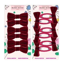 Basic Sense 12pcs Girls' Velvet Bow Hair Accessories – School Hair Clips & Hair Ties Set, Burgundy