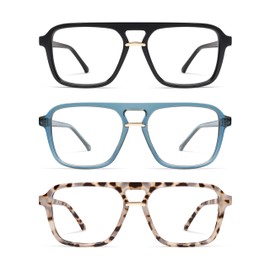 AMOMOMA 3 Pack Trendy Aviator Reading Glasses for Women Men Stylish Square Blue Light Blocking Readers AM6164 Mix (+3.00 Magnification Strength)