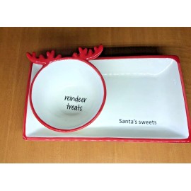 Santa Claus Ceramic Cookie Plate Tray and Bowl Christmas Eve Candy Cookie Set