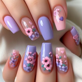 24 Pcs Flower Press on Nails Short Coffin Shaped Fake Nails Design Pink Purple Glossy False Nails Embossed Floral Acrylic Nails Full Cover Stick on Nails for Women Nail Art Decoration Supplies