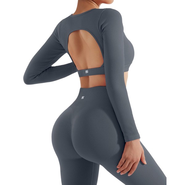 SUUKSESS Open Back Long Sleeve Scrunch Butt Booty Leggings Seamless