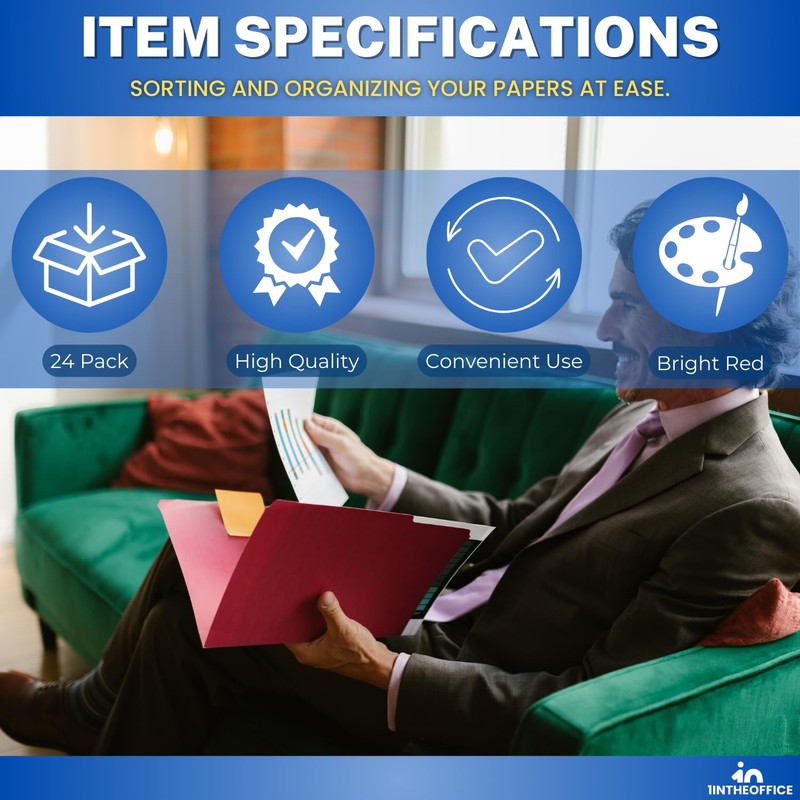 1InTheOffice Red File Folders Letter Size, File Folders with Tabs,