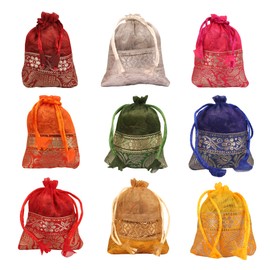 Touchstone Drawstring Bags Traditional Indian Handcrafted in Elephant Pattern Brocade fabric. Perfect for Gifts Jewelry Weddings Sweet Distribution Set of 9 Vibrant Multicolor Pouches Purses Potli.