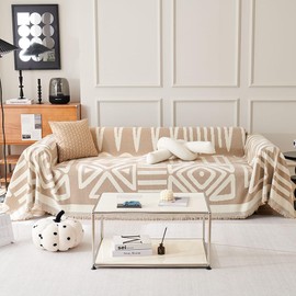 Boho Couch Cover for Sectional Sofa Covers Washable for Dog L Shape Sofa Protector Reversible Chenille Couch Cushion Covers Sofa Cover with Tassel for Pets (Boho 03 Khaki,Medium:71"x 71")