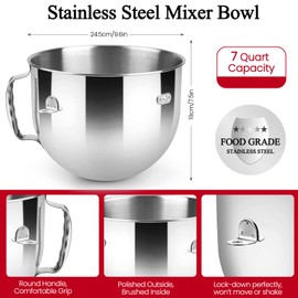 Kltchonald 7 QT Stainless Steel Mixer Bowl for Kitchenaid Stand Mixers, 7 Quart Bowl-Lift Stand Mixer，with Lid