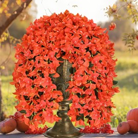 Siyaluens 2 Pcs Artificial Mums Fall Flowers for Outdoors Decoration, Autumn Realistic Faux Silk Orange Bougainvillea Flowers, Fall Fake Hanging Plants for Porch Patio Balcony Thanksgiving Decor