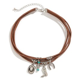 Fuqimanman2020 Western Cowboy Multilayer Leather Bracelet Necklace for Women Boho Cowboy Boot Hat Cactus Pendant Chain Bracelet Jewelry Gift-Necklace-brown