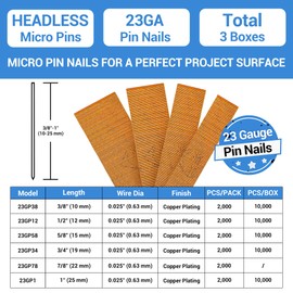 meite 23 Gauge Pin Nails, 3/8-Inch Micro Headless Pins for Pin Nailer - Copper Plated Pins Nails for Nail Gun, Ideal for Fine Woodworking and Trim Work (3 Boxes)
