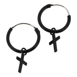Touch Jewellery 925 Sterling Silver Black Enamel Hoop Earrings With Cross