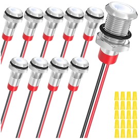 MKBKLLJY 10Pcs 8mm DC12-24V White LED Metal Indicator Light Waterproof Signal Lamp with 150mm Cable Length Metal LED Indicator Light and Wiring Cap for Car Interior Trucks Boats Engine taillight