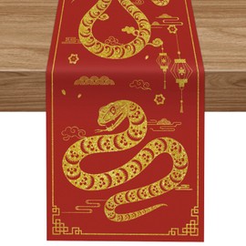 Gold Snake Table Runner for 2025 Chinese New Year Dinner, Farmhouse Wedding, Home Indoor and Outdoor Living Room Kitchen Decor (14x72 Inches)