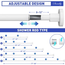 SUNALLY Shower Curtain Rods 32 to 89 Inch, Shower Tension Rod No Drilling Adjustable Shower Rods for Bathroom Non-Slip Stainless Steel Telescoping Shower Bar for Curtain, No Rust, White