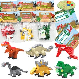 24 Packs Valentines Day Cards with Dinosaur Building Blocks, Valentines Dinosaur Toys Set for Kids Classroom Exchange Gifts, Valentine Party Favor, Valentine's Greeting Cards