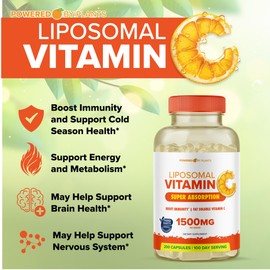 Liposomal Vitamin C Capsules 1500mg Buffered High Absorption VIT C, Immune System & Collagen Booster, 1500 mg High Dose Fat Soluble Immunity Support Ascorbic Acid Supplement (200 Capsules) Vegan