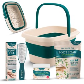 Fivona Foot Care Kit 4 in 1 - Foot Soak Blend with Epsom Salt, Tea Tree and Essential Oils - Collapsible Foot Soak Basin - 42% Urea Cream for Hard, Calloused Skin - Dual Action Foot File