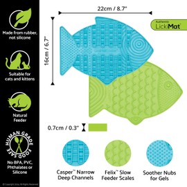 LickiMat Casper & Felix Mangeoire lente pour chat en forme de poisson pour l'ennui et la réduction de l'anxiété Idéal pour la nourriture, les friandises et la réduction de l'anxiété (turquoise verte)