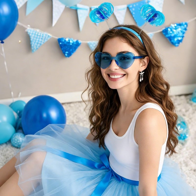 Domkier 4 Pack Blue Ponytail Headband and Heart Sunglasses Feathers