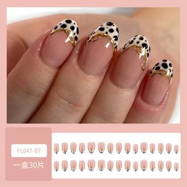30Pcs Short Almond Press on Nails Fall Leopard Print Fake Nails Short French Tip False Nails with Gold Line Designs Acrylic Nail Autumn Glue on Nails Glossy Almond Artificial Stick on Nail for Women