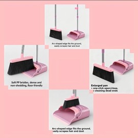 Upright Broom and Dustpan Set - Long Handle for No-Bending Comfort, 3 Rows Dense Bristles for Deep Sweeping, Suitable for Home, Office, Kitchen, Lobby, Shop, Indoor & Outdoor Spaces, Pink & Purple