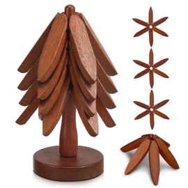 Premium Set of 4 Foldable Wooden Trivets for Hot Pots and Pans - Tree-Shaped Sapele Wood Table Protectors - Elegant Kitchen Decor (Sapele Wood-4 Trivets)
